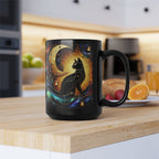 Black Cat Mug, Crescent Moon Halloween Cat Mug, Stained Galss Style Halloween Cat Mug, Dark Academia Witchy Stained Glass Cat Moon Cup 15oz