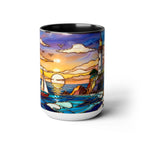 Lighthouse Sunset Mug, Coastal Stained Glass Style Coffee Cup 15oz, Nautical Coffee Mug