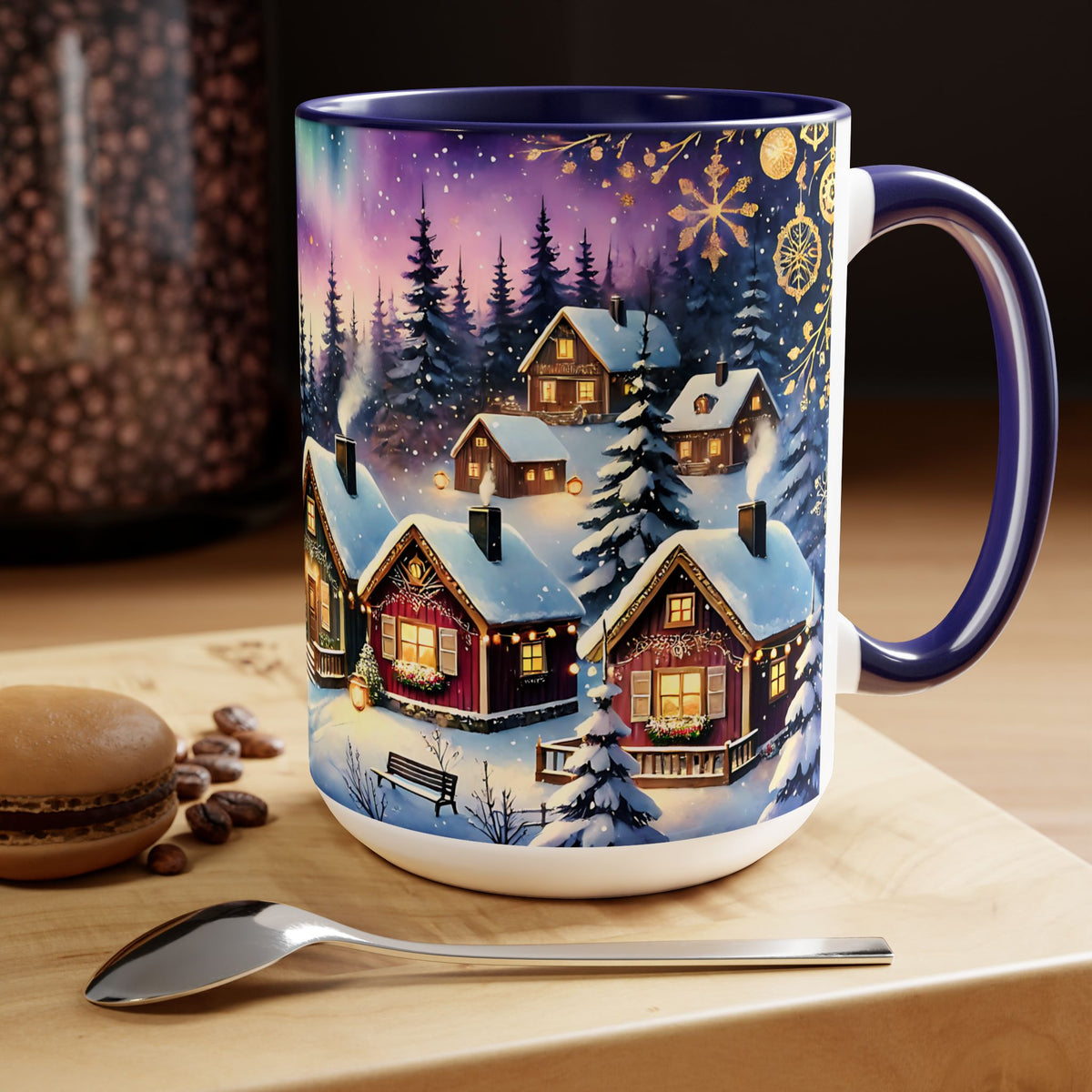Christmas Village Mug, Christmas Mug, Christmas Mountain Mug, Aurora Borealis Mug, Unique Christmas Gift, Lake Mug, Vintage Style Mug 15oz