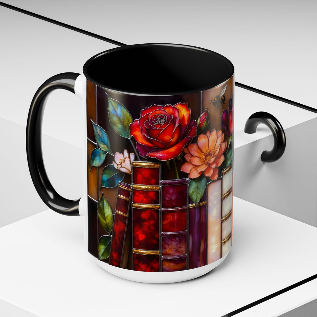 Floral Stained Glass Style Book Mug, Bookshelf Floral Ceramic Mug 15oz, Elegant Book Lover Gift, Garden Book Lover Gift