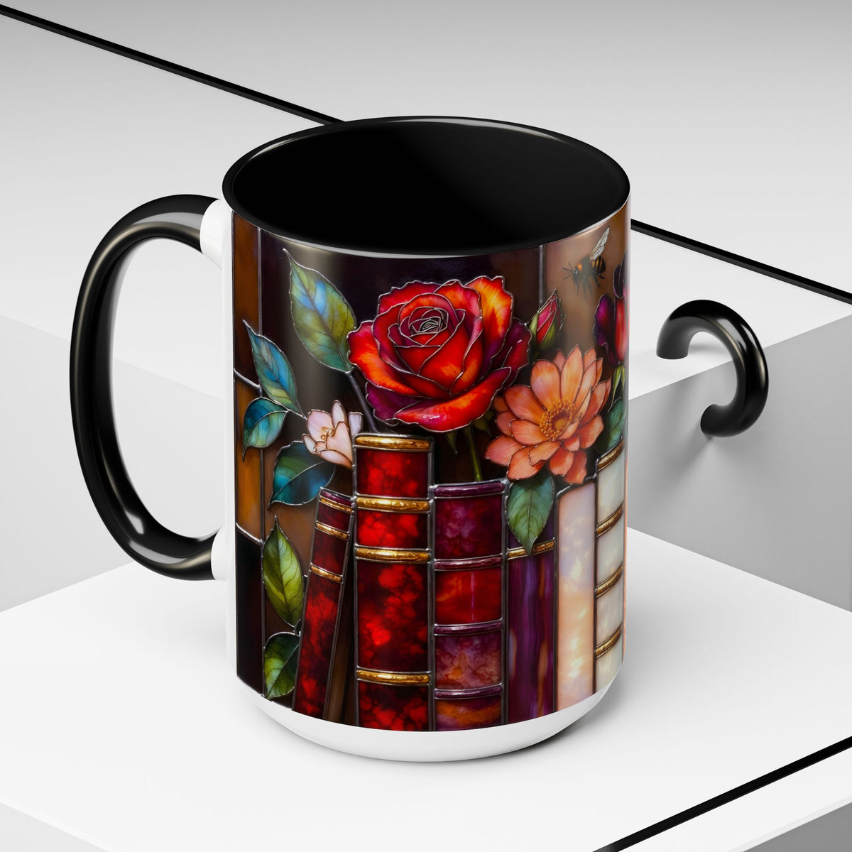 Floral Stained Glass Style Book Mug, Bookshelf Floral Ceramic Mug 15oz, Elegant Book Lover Gift, Garden Book Lover Gift