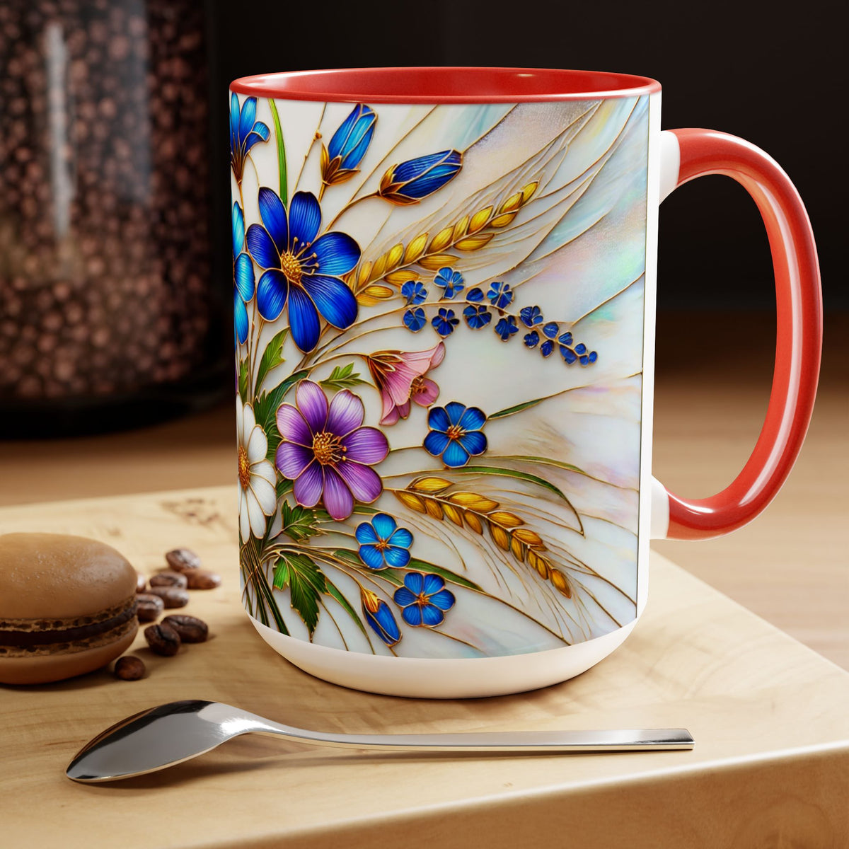 Blue Wildflower Mug, Stained Glass Style Floral Coffee Cup 15oz