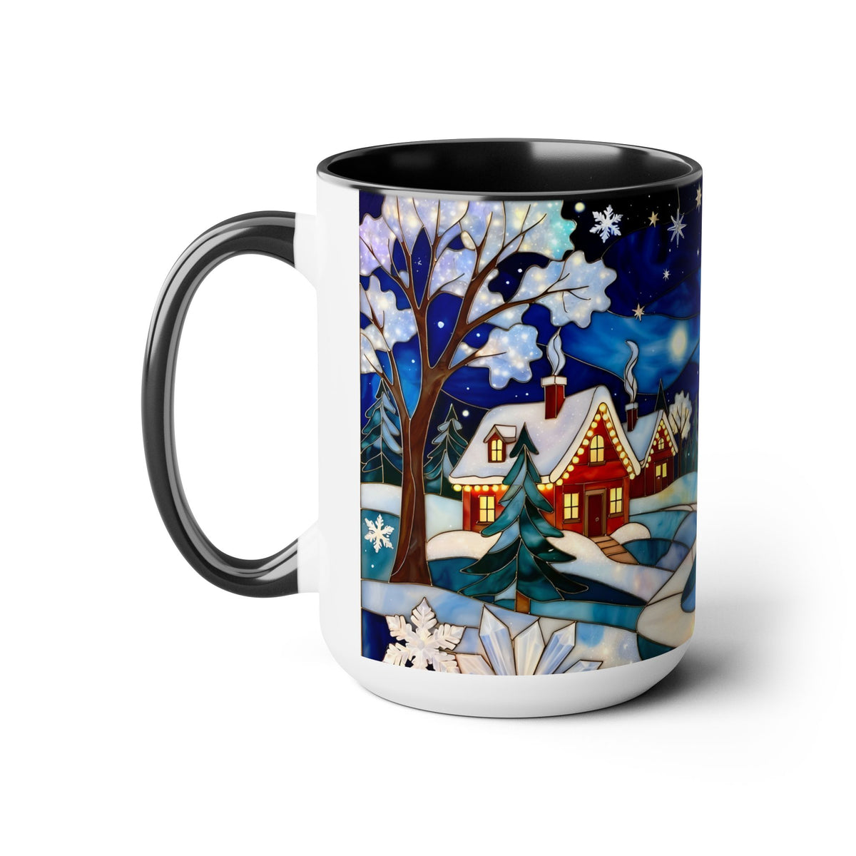 Stained Glass Christmas Village Mug, Winter Cottage Snow Scene Mug, Cozy Holiday Art Cup, Christmas Gift Mug 15oz