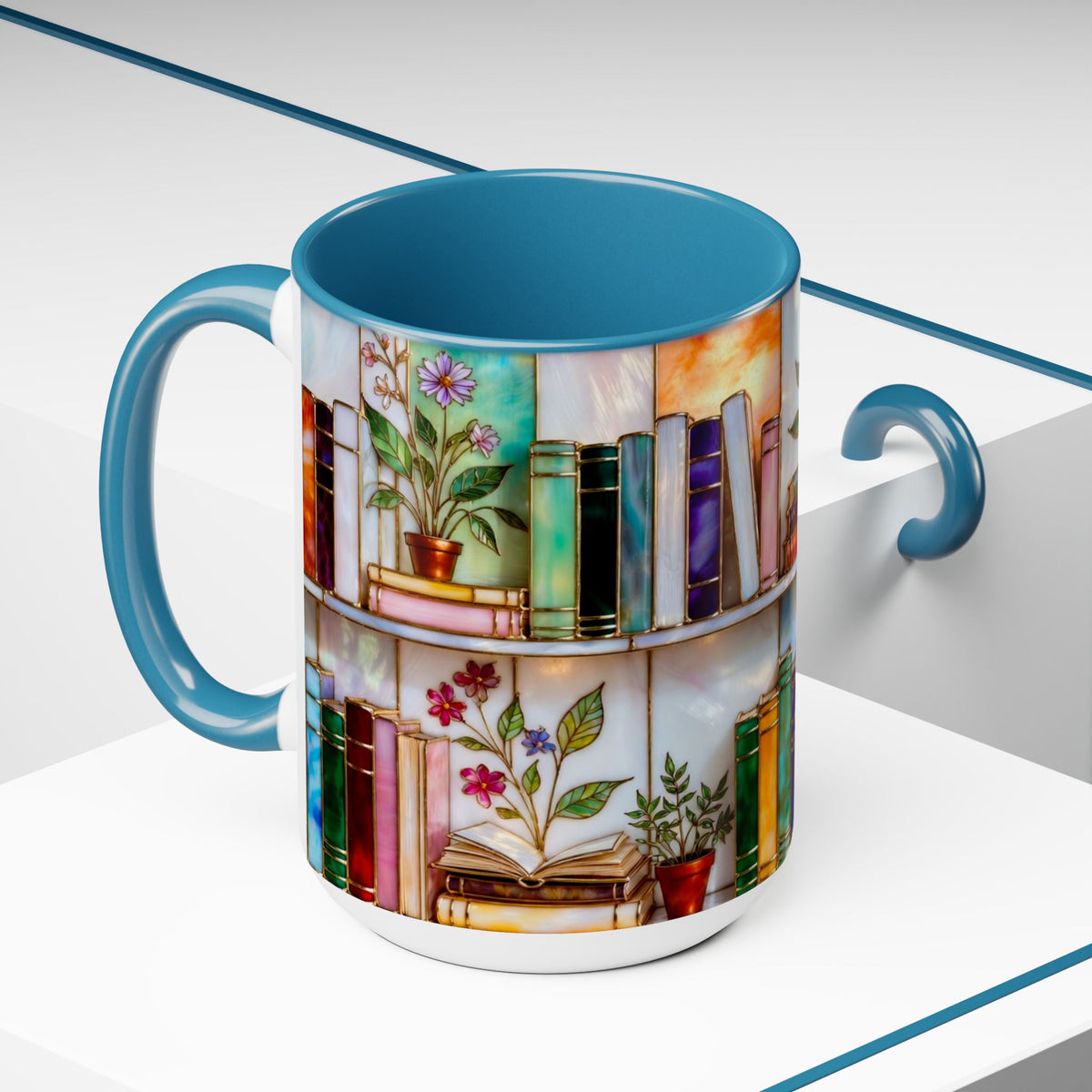 Floral Bookshelf Coffee Mug, Bookish Stained-Glass Style Mug, Book Lover Gift, Library Aesthetic Cup, Teacher Gift, Reading Mug 15oz
