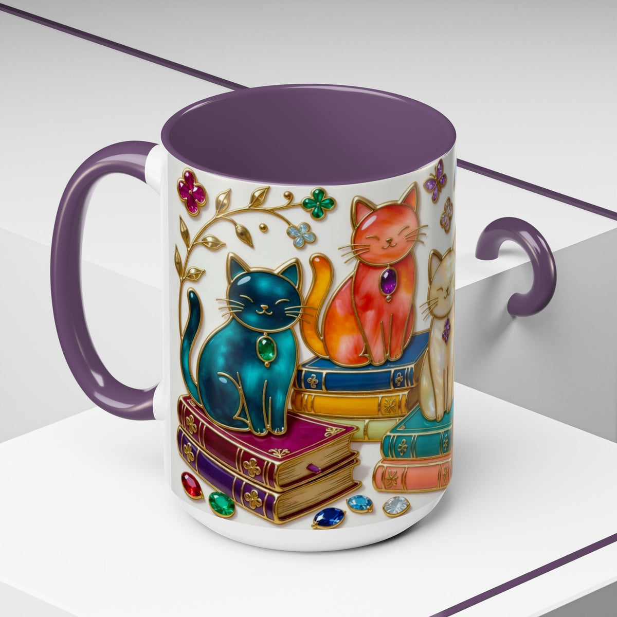 Stained Glass Style Cats Mug, Bookish Cat Art Mug, Jewel Tone Fantasy Cats Cup, Book Lover Mug 15oz