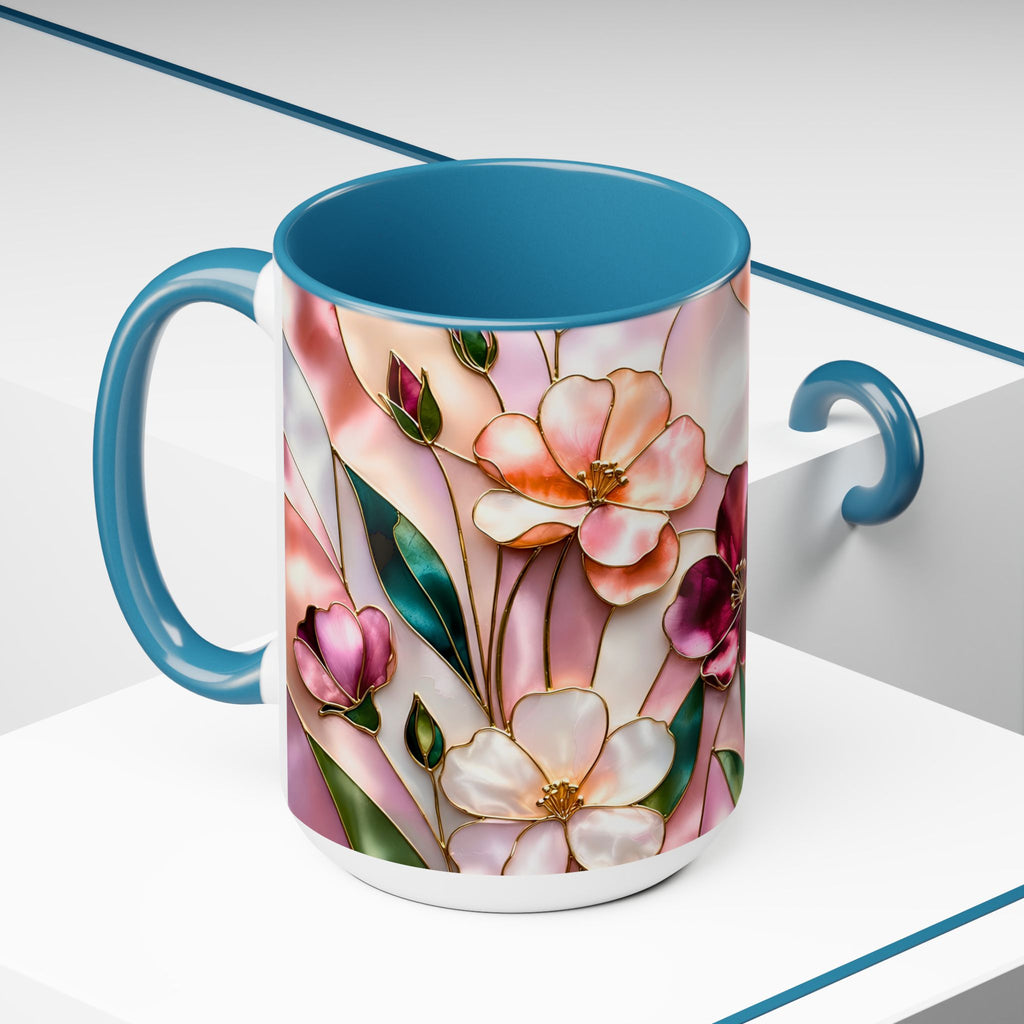 Stained Glass Style Floral Mug, 15 oz, Pink & Burgundy Flowers Floral Art Coffee Cup 15oz