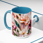 Stained Glass Style Floral Mug, 15 oz, Pink & Burgundy Flowers Floral Art Coffee Cup 15oz