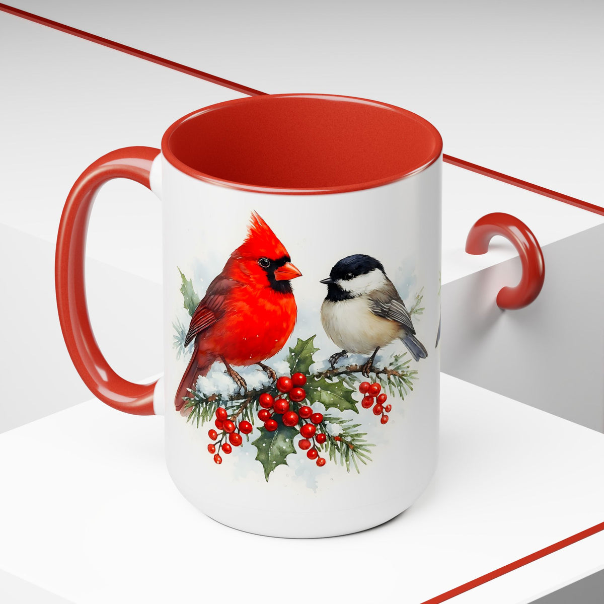 Cardinal Chickadee Mug, Birds on Snowy Branch Mug, Birds Retro Christmas Mug, Winter Mug, Christmas Kitchen Decor Mug, Birds Lover Mug 15oz