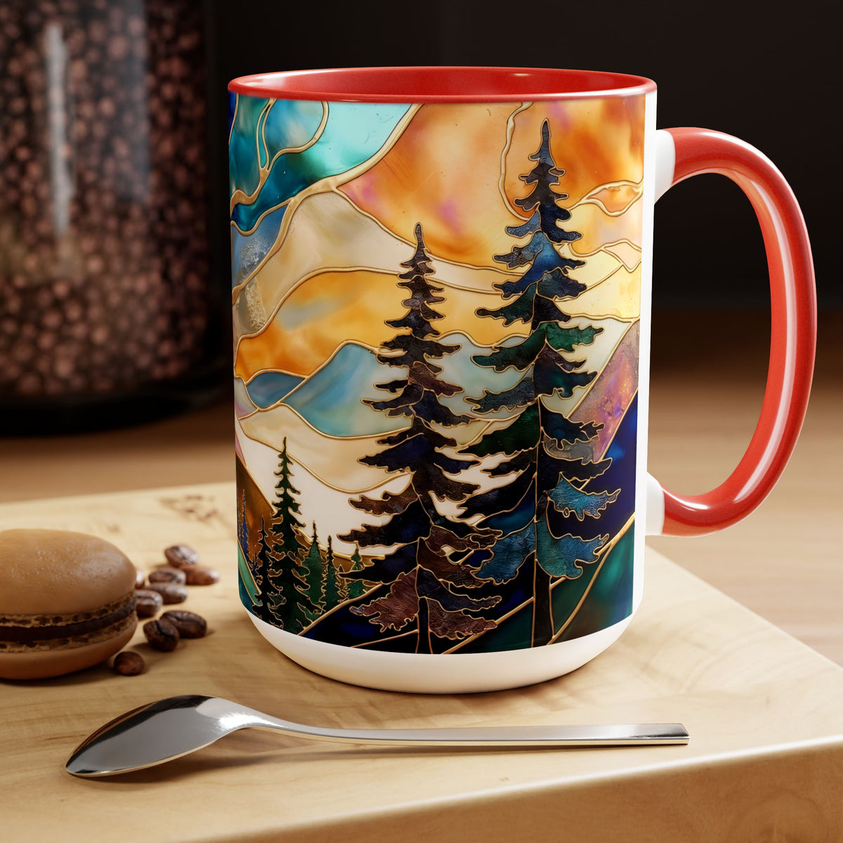 Stained Glass Style Mountain Mug, Forest Landscape Coffee Mug, Nature Lover Gift, Outdoor Adventure Mug, Fathers Day Gift 15oz