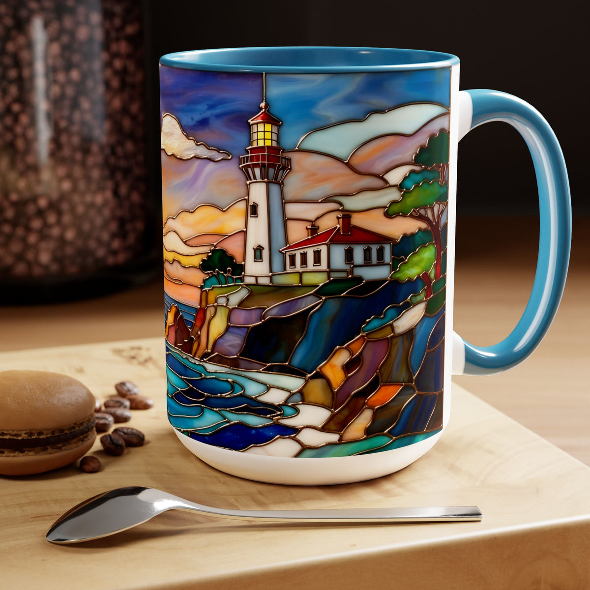 Lighthouse Sunset Mug, Coastal Stained Glass Style Coffee Cup 15oz, Nautical Coffee Mug