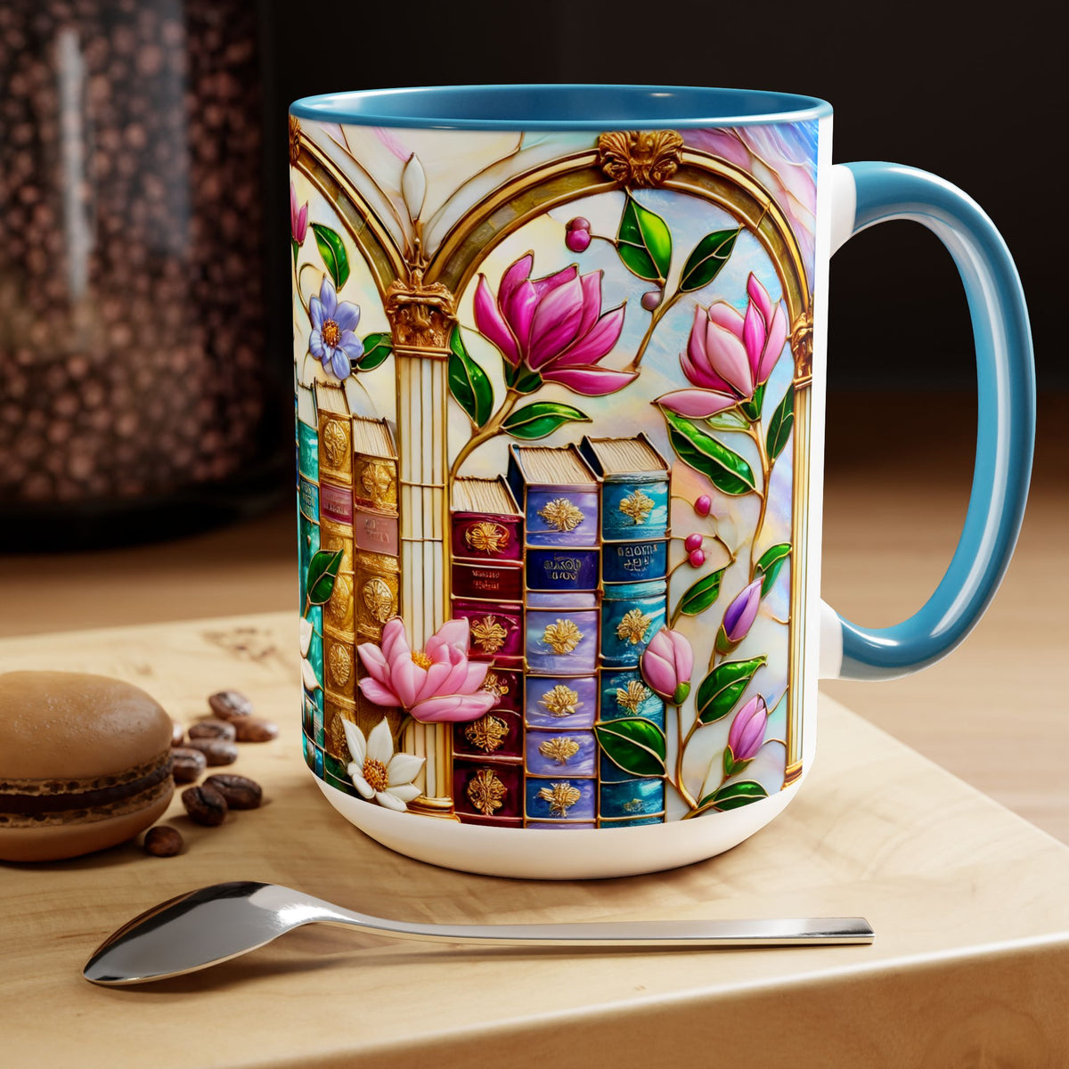 Floral Bookshelf Coffee Mug, Bookish Faux Stained-Glass Mug, Book Lover Gift, Reading Mug for Women, Library Aesthetic Cup 15oz
