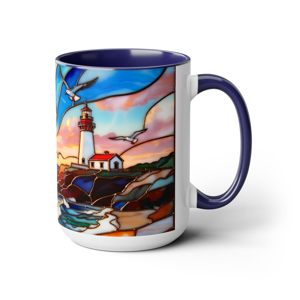 Lighthouse Sunset Mug, Coastal Stained Glass Style Coffee Cup, Nautical Coffee Mug 15oz