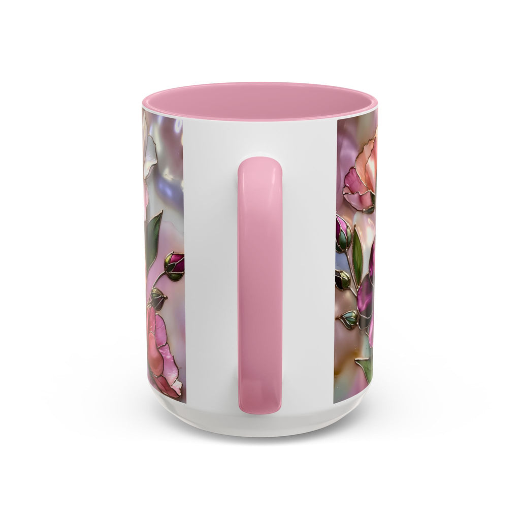 Stained Glass Style Floral Mug, 15 oz, Pink & Burgundy Flowers Floral Art Coffee Cup 15oz