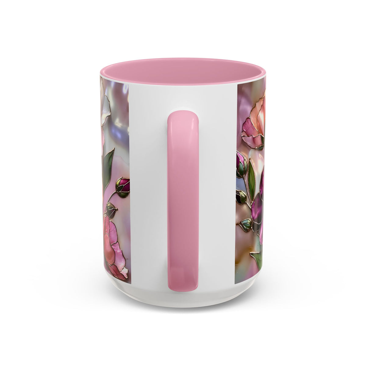 Stained Glass Style Floral Mug, 15 oz, Pink & Burgundy Flowers Floral Art Coffee Cup 15oz