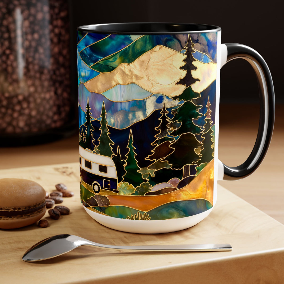 Stained Glass Style Mountain Camper Mug, Camping Coffee Cup, Outdoor Adventure Mug, Nature Lover Gift, Fathers Day Mug, Forest Landscape Cup