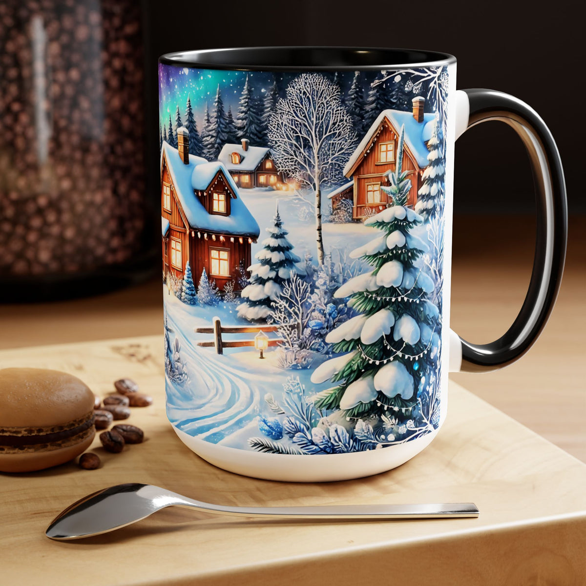 Christmas Mug, Christmas Nordic Village Mug, Christmas Cabin Mug, Aurora Winter Mug, Unique Christmas Gift, Big Mug, Vintage Style Mug 15oz