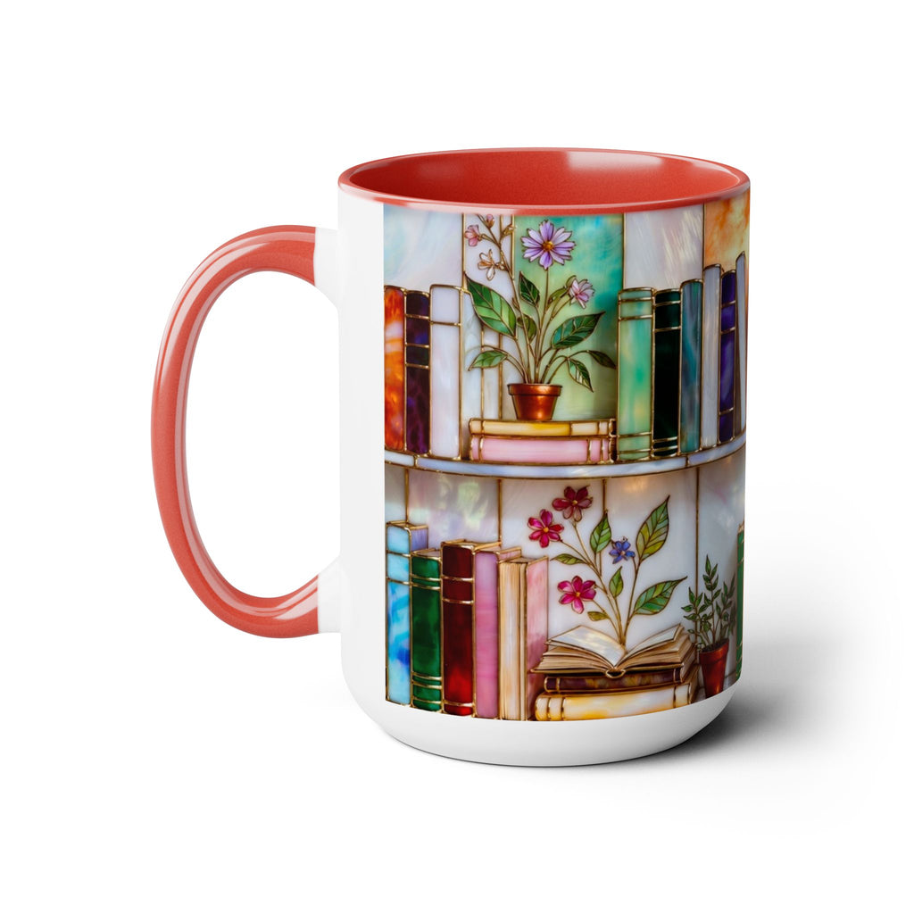 Floral Bookshelf Coffee Mug, Bookish Stained-Glass Style Mug, Book Lover Gift, Library Aesthetic Cup, Teacher Gift, Reading Mug 15oz