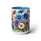 Blue Wildflower Mug, Stained Glass Style Floral Coffee Cup 15oz