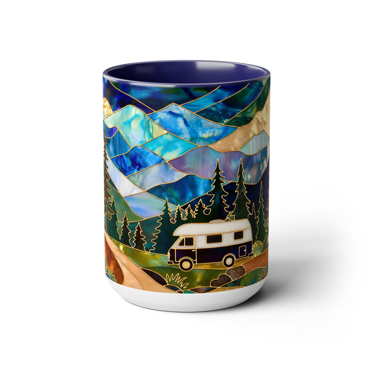 Stained Glass Style Mountain Camper Mug, Camping Coffee Cup, Outdoor Adventure Mug, Nature Lover Gift, Fathers Day Mug, Forest Landscape Cup