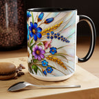 Blue Wildflower Mug, Stained Glass Style Floral Coffee Cup 15oz