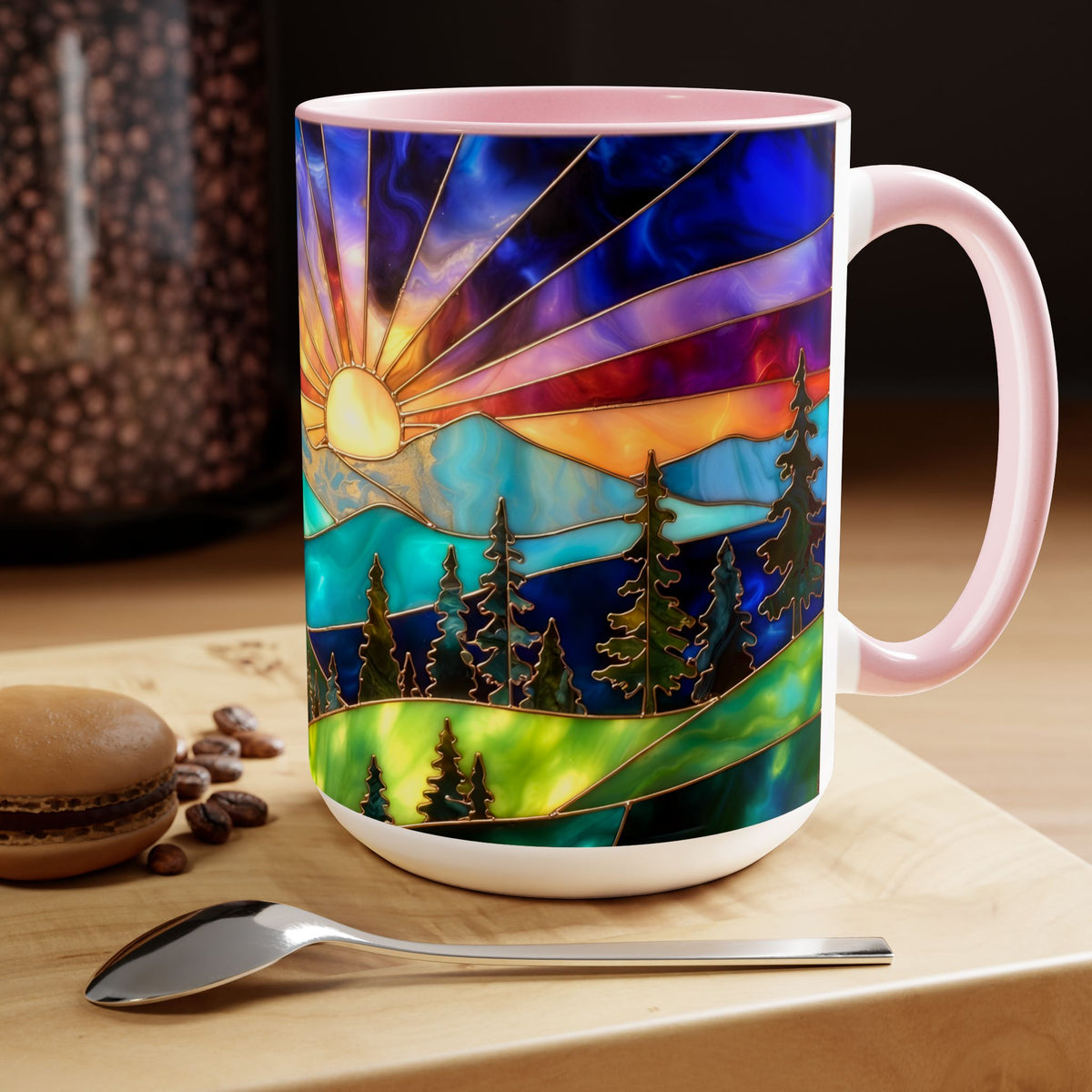 Stained Glass Style Sunset Mountains Coffee Mug, Pine Forest Cup Gift 15oz