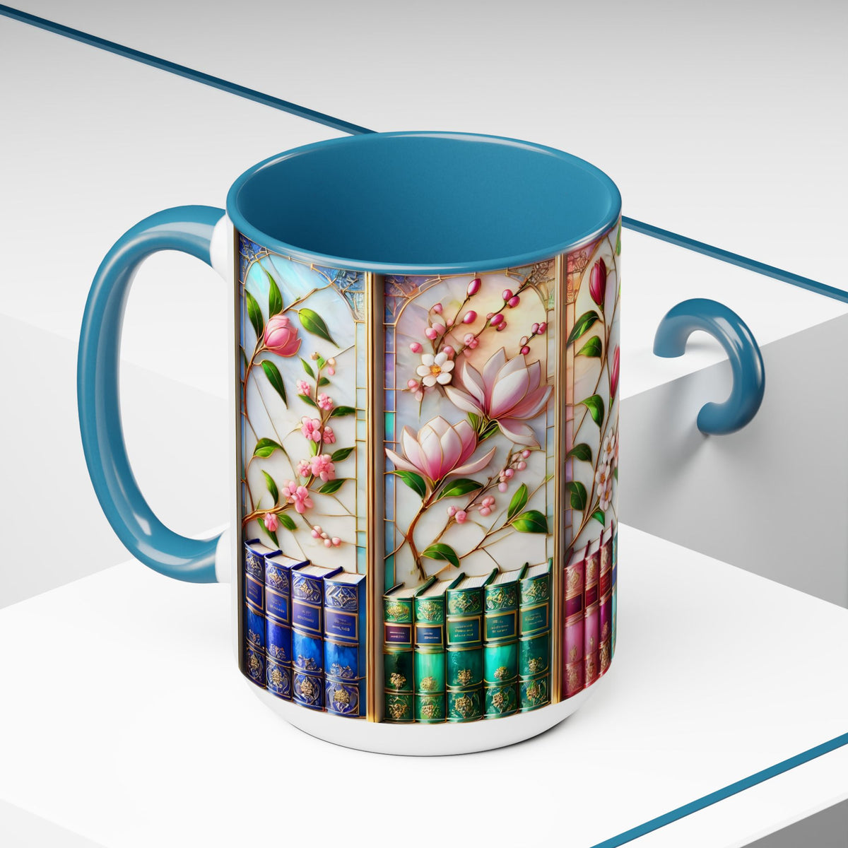Floral Bookshelf Coffee Mug, Bookish Faux Stained-Glass Mug, Book Lover Gift, Reading Mug for Women, Library Floral Cup 15oz