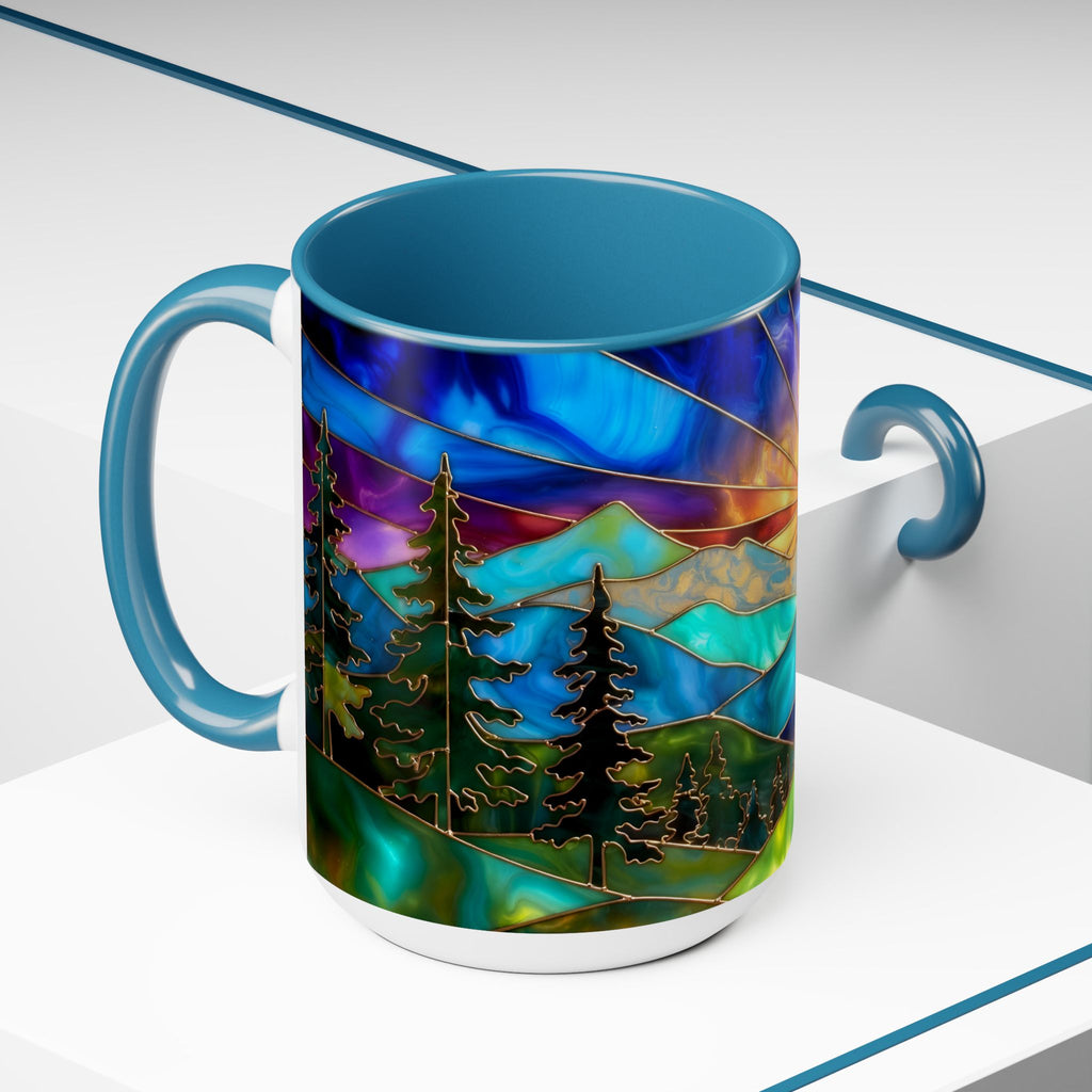 Stained Glass Style Sunset Mountains Coffee Mug, Pine Forest Cup Gift 15oz
