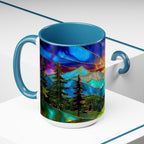 Stained Glass Style Sunset Mountains Coffee Mug, Pine Forest Cup Gift 15oz