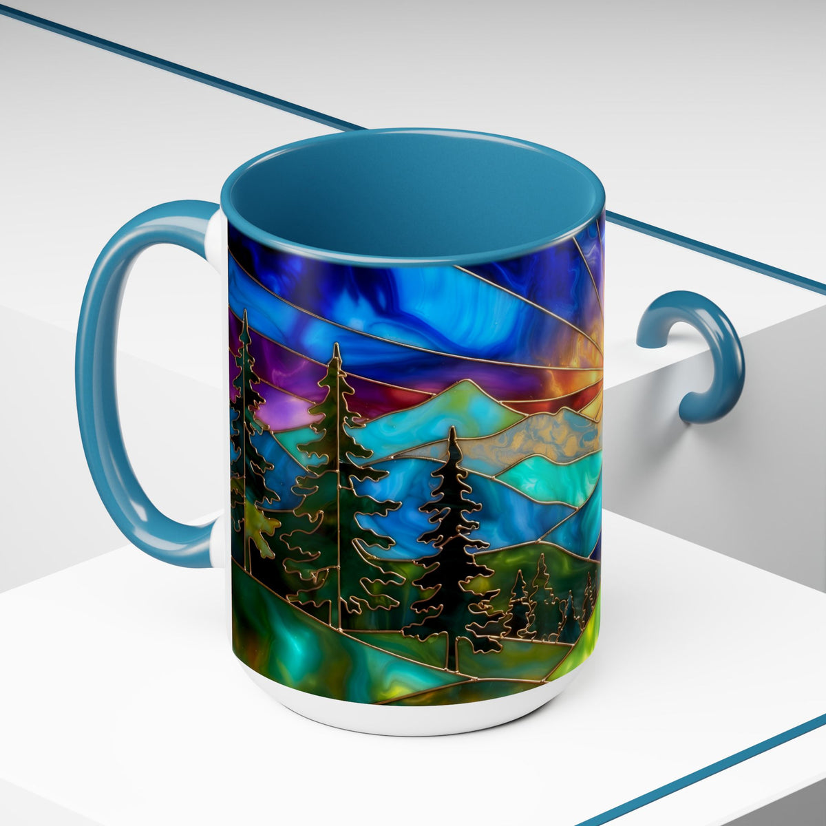 Stained Glass Style Sunset Mountains Coffee Mug, Pine Forest Cup Gift 15oz
