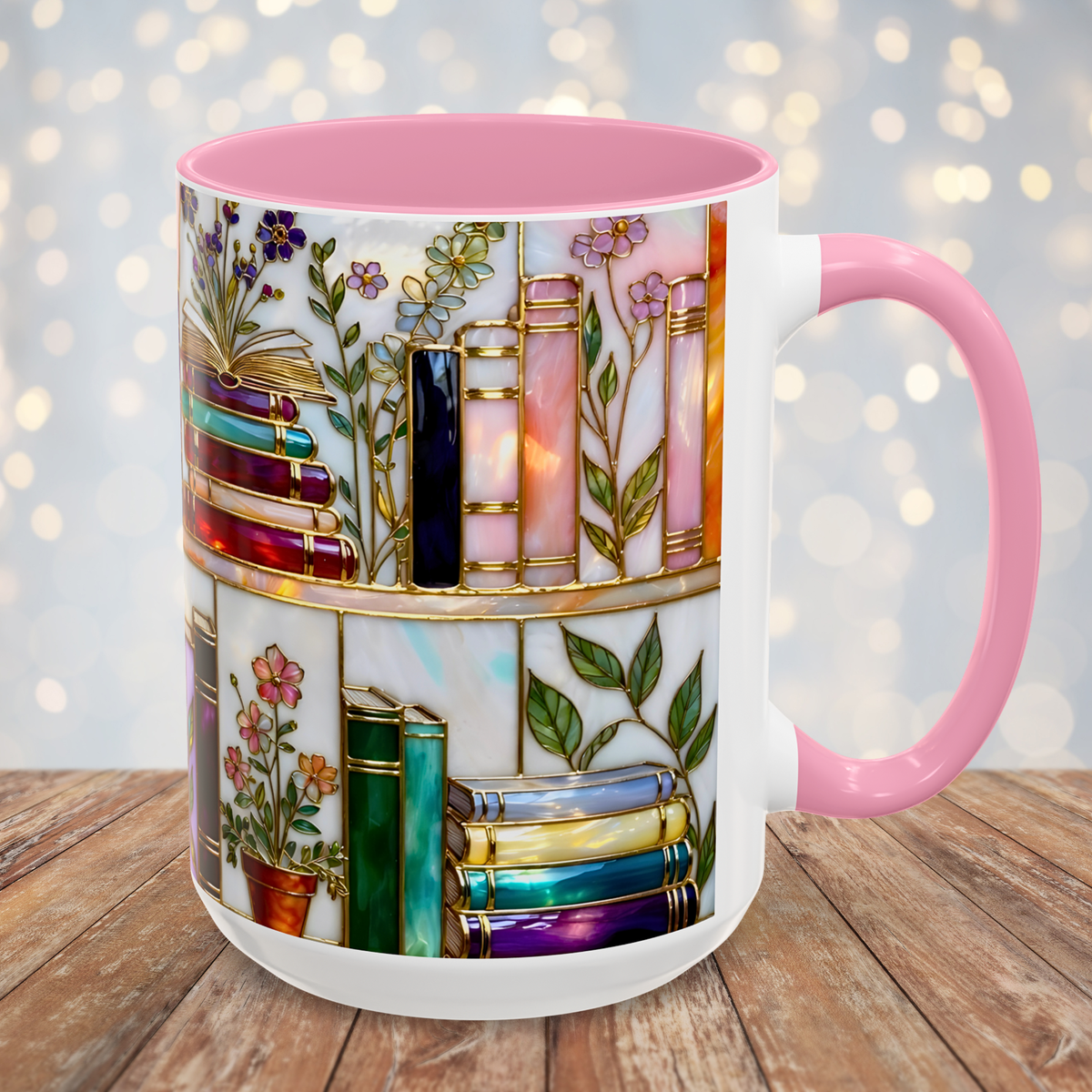 Floral Book Mug, Bookish Stained-Glass Style Mug, Book Lover Gift, Library Aesthetic Cup, Teacher Gift, Reading Mug 15oz
