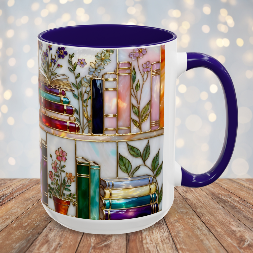 Floral Book Mug, Bookish Stained-Glass Style Mug, Book Lover Gift, Library Aesthetic Cup, Teacher Gift, Reading Mug 15oz