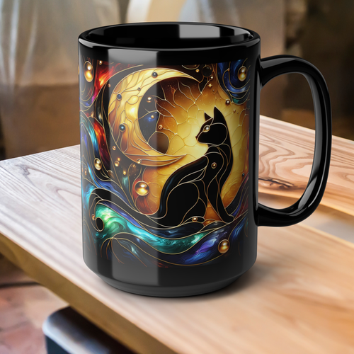 Black Cat Mug, Crescent Moon Halloween Cat Mug, Stained Galss Style Halloween Cat Mug, Dark Academia Witchy Stained Glass Cat Moon Cup 15oz