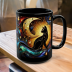 Black Cat Mug, Crescent Moon Halloween Cat Mug, Stained Galss Style Halloween Cat Mug, Dark Academia Witchy Stained Glass Cat Moon Cup 15oz