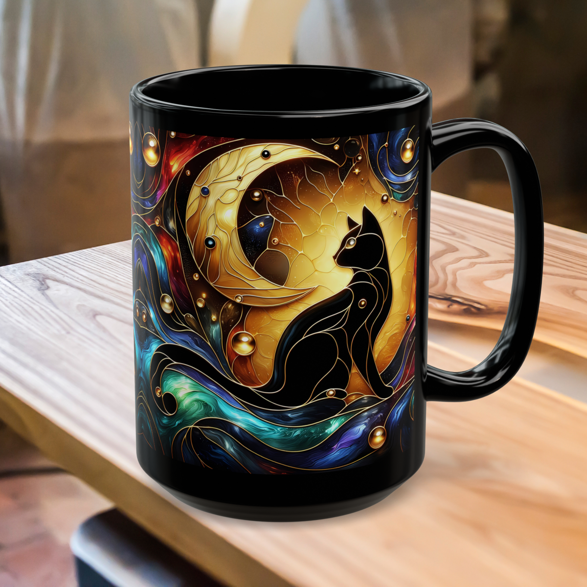 Black Cat Mug, Crescent Moon Halloween Cat Mug, Stained Galss Style Halloween Cat Mug, Dark Academia Witchy Stained Glass Cat Moon Cup 15oz