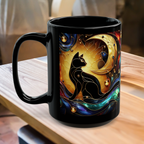 Black Cat Mug, Crescent Moon Halloween Cat Mug, Stained Galss Style Halloween Cat Mug, Dark Academia Witchy Stained Glass Cat Moon Cup 15oz