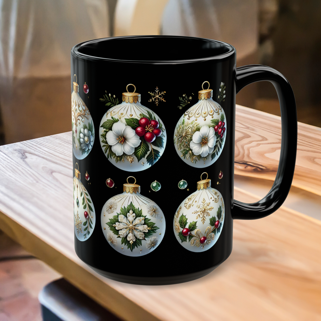 Christmas Mug, Christmas Ornaments Ceramic Mug, Holiday Coffee Cup, Festive Christmas Teacup, Winter Drinkware, Kitchen Decor Mug 15oz