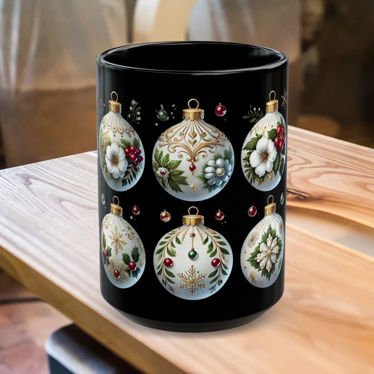 Christmas Mug, Christmas Ornaments Ceramic Mug, Holiday Coffee Cup, Festive Christmas Teacup, Winter Drinkware, Kitchen Decor Mug 15oz