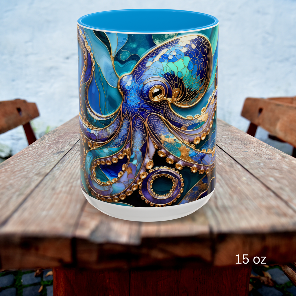 Blue Octopus Mug, Stained Glass Style | Ocean Art Coffee Cup, Beach Lover Cup 15oz