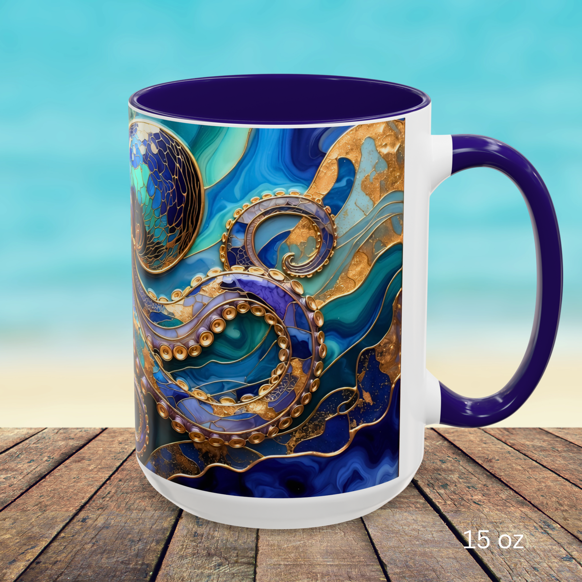 Blue Octopus Mug, Stained Glass Style | Ocean Art Coffee Cup, Beach Lover Cup 15oz