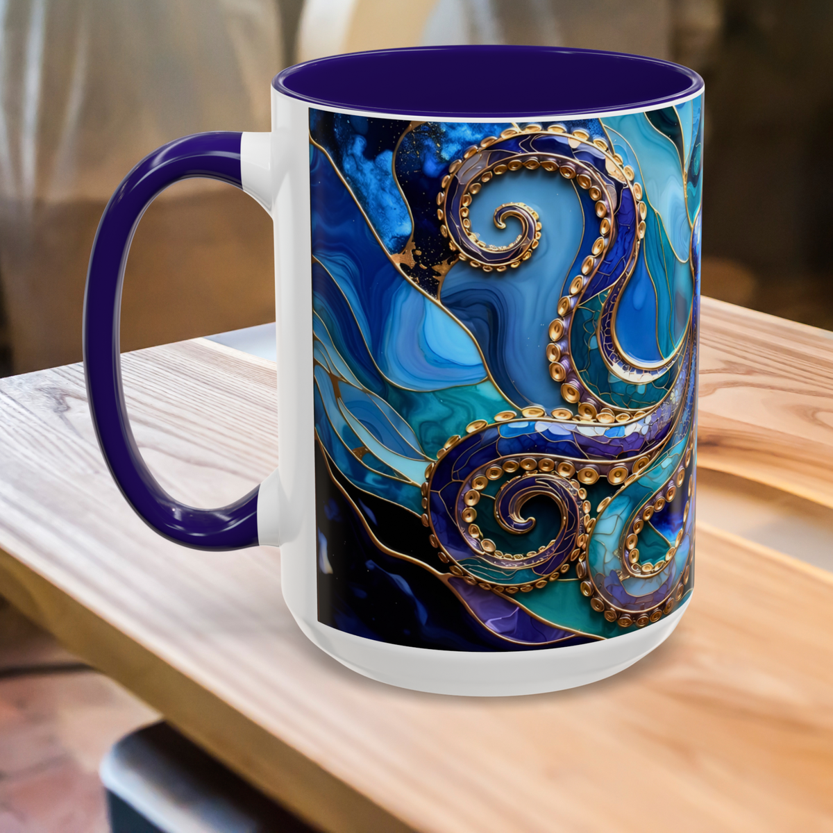 Blue Octopus Mug, Stained Glass Style | Ocean Art Coffee Cup, Beach Lover Cup 15oz