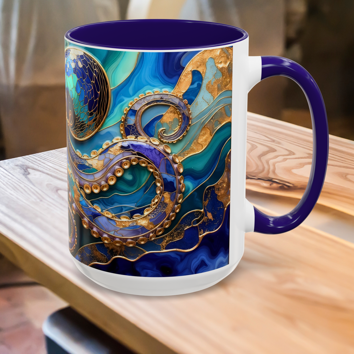 Blue Octopus Mug, Stained Glass Style | Ocean Art Coffee Cup, Beach Lover Cup 15oz