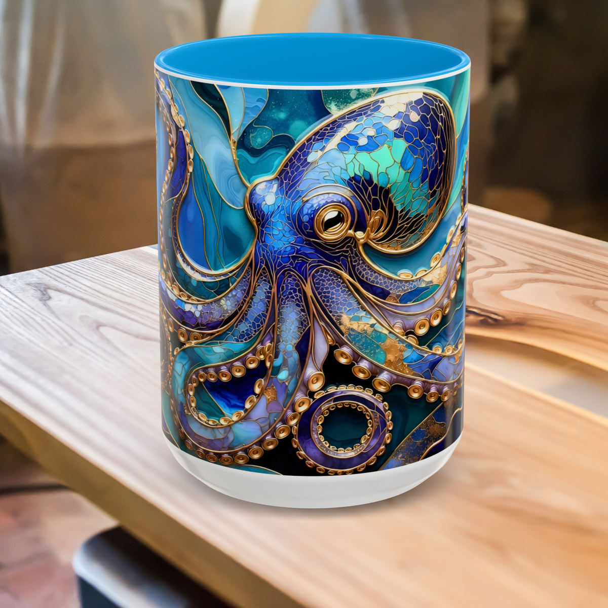 Blue Octopus Mug, Stained Glass Style | Ocean Art Coffee Cup, Beach Lover Cup 15oz