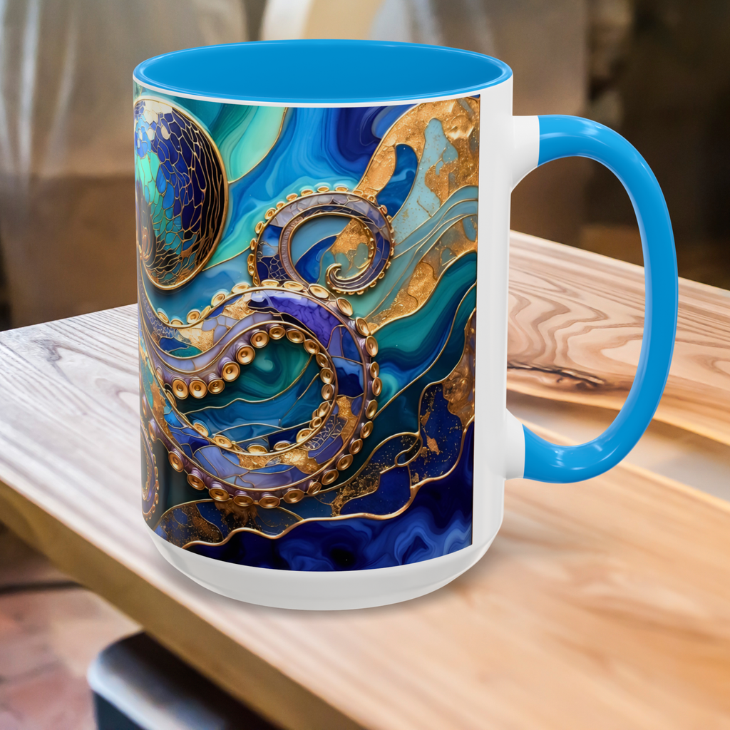 Blue Octopus Mug, Stained Glass Style | Ocean Art Coffee Cup, Beach Lover Cup 15oz