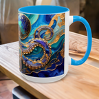 Blue Octopus Mug, Stained Glass Style | Ocean Art Coffee Cup, Beach Lover Cup 15oz