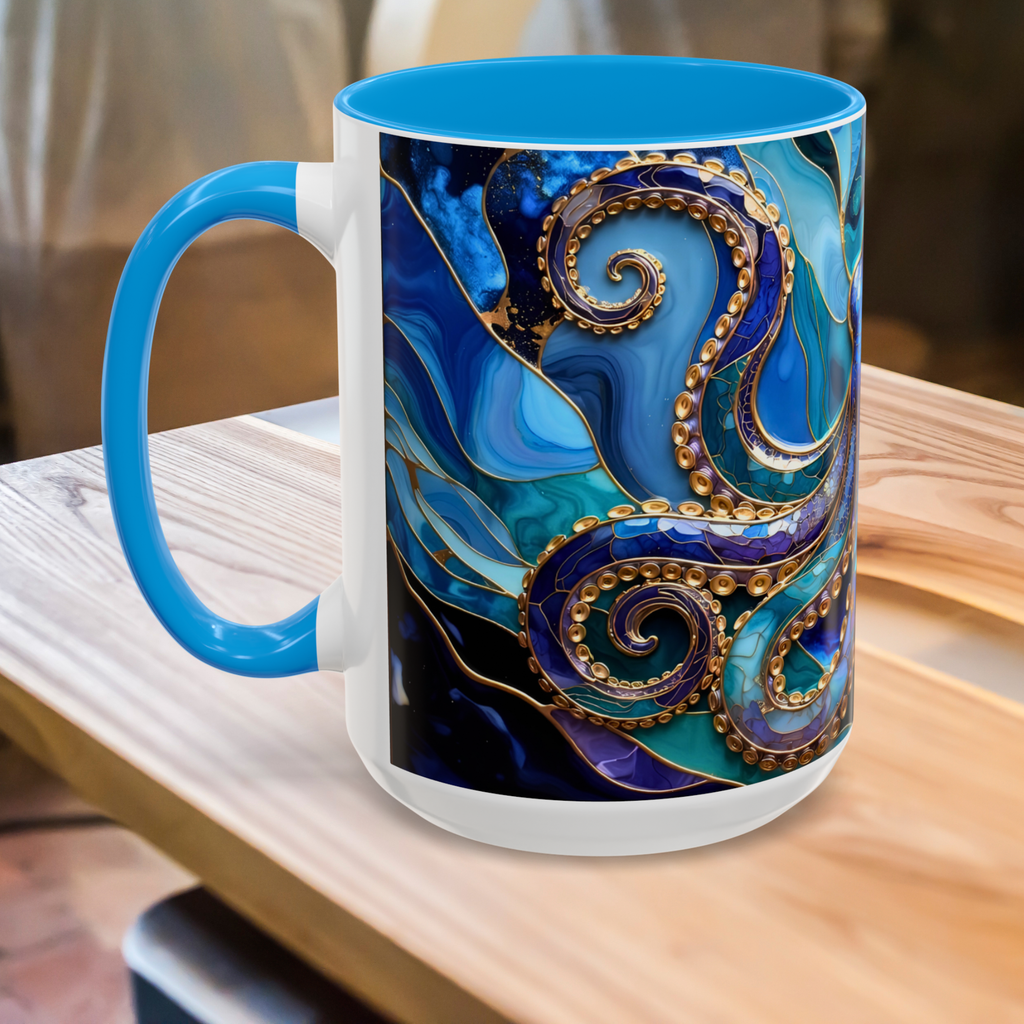 Blue Octopus Mug, Stained Glass Style | Ocean Art Coffee Cup, Beach Lover Cup 15oz