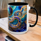 Blue Octopus Mug, Stained Glass Style | Ocean Art Coffee Cup, Beach Lover Cup 15oz