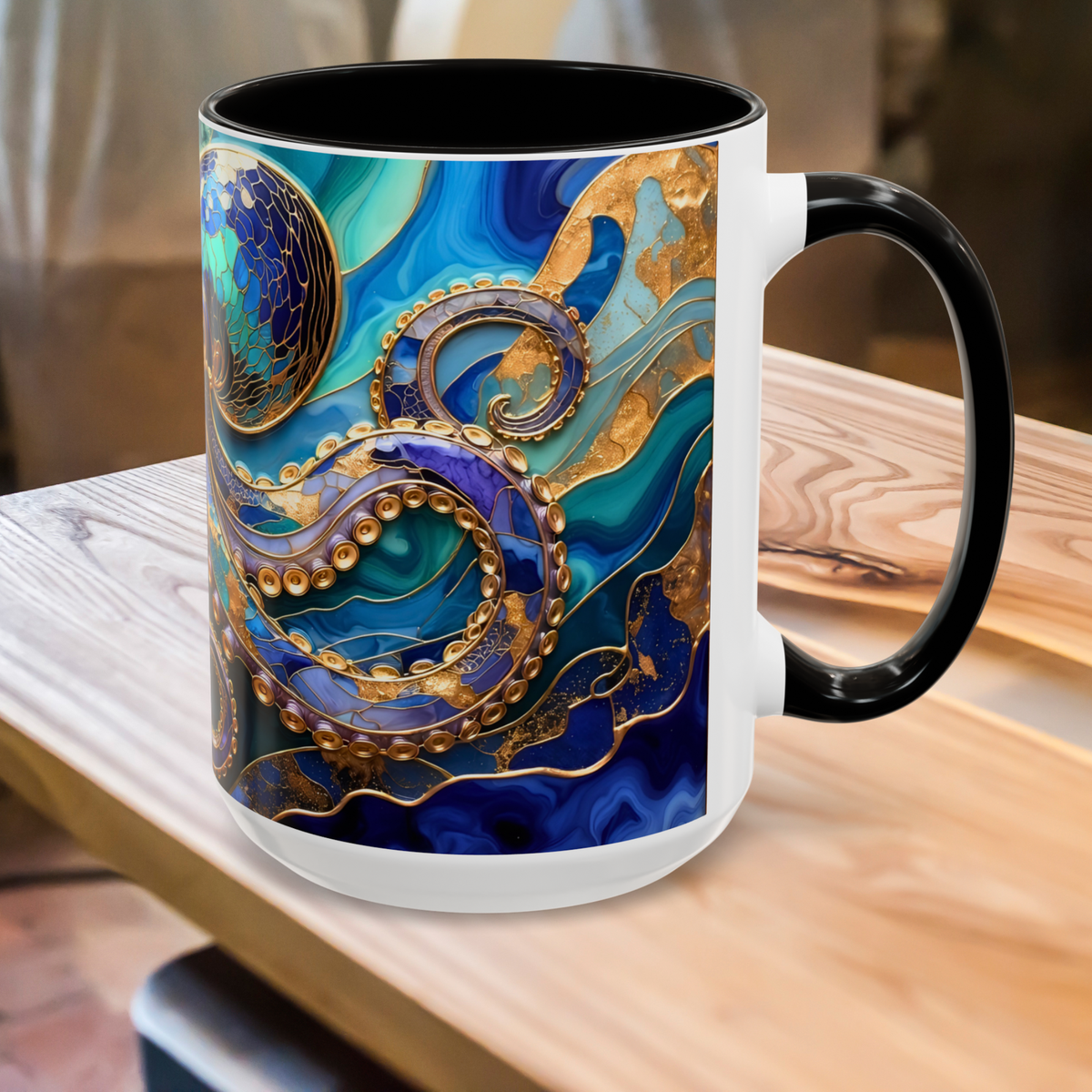 Blue Octopus Mug, Stained Glass Style | Ocean Art Coffee Cup, Beach Lover Cup 15oz