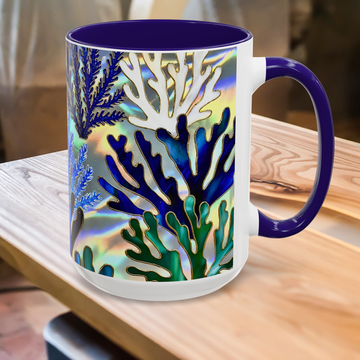 Coral Reef Mug, Stained Glass Style, Ocean Lover Gift Ocean Coffee Cup, Ocean Lover Cup 15oz