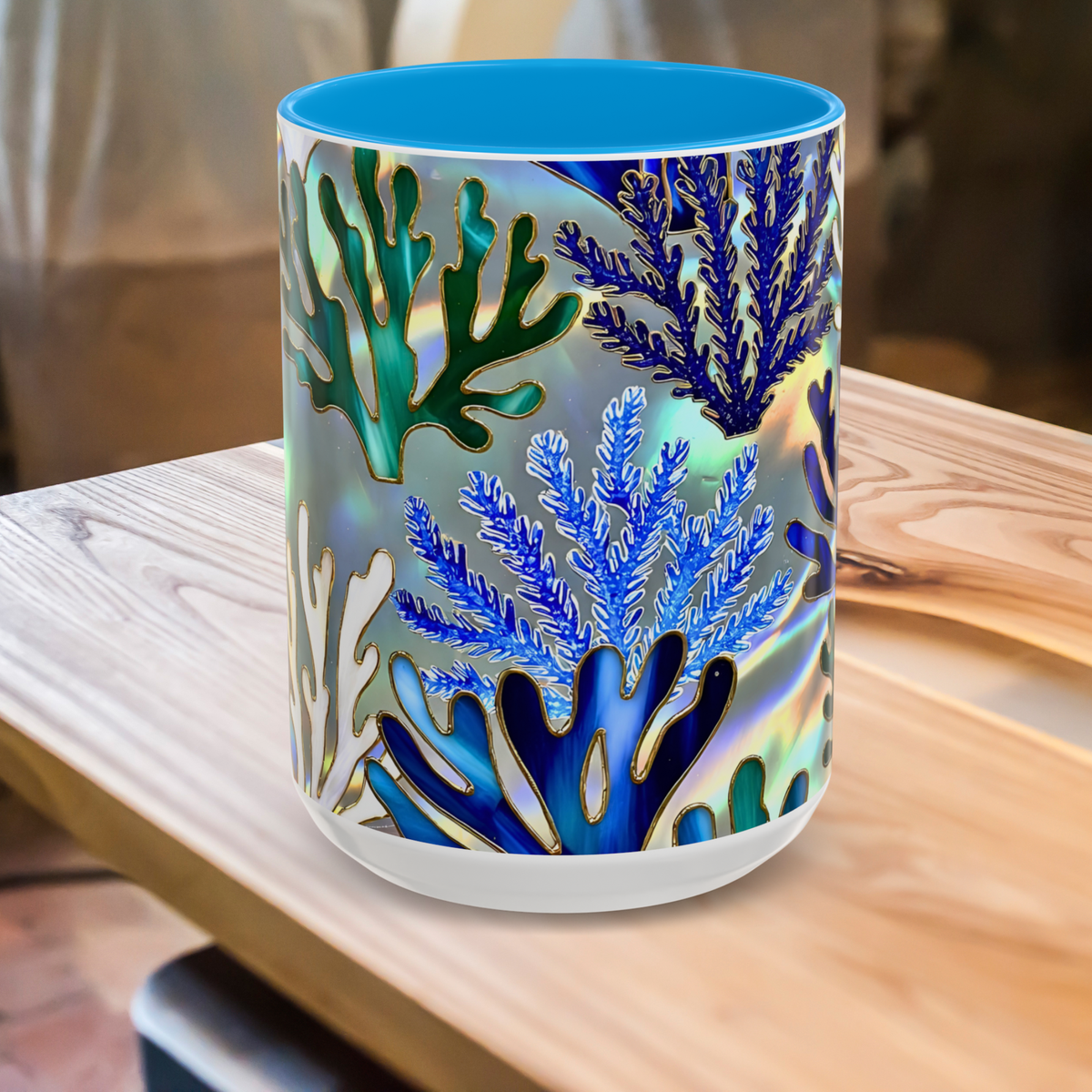 Coral Reef Mug, Stained Glass Style, Ocean Lover Gift Ocean Coffee Cup, Ocean Lover Cup 15oz