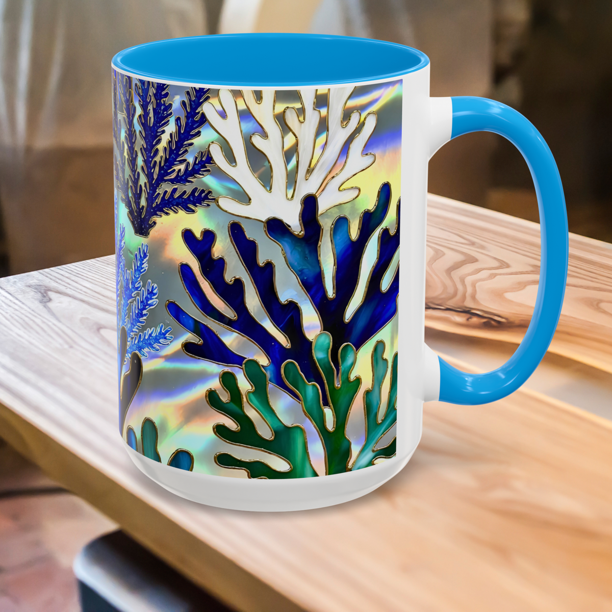 Coral Reef Mug, Stained Glass Style, Ocean Lover Gift Ocean Coffee Cup, Ocean Lover Cup 15oz